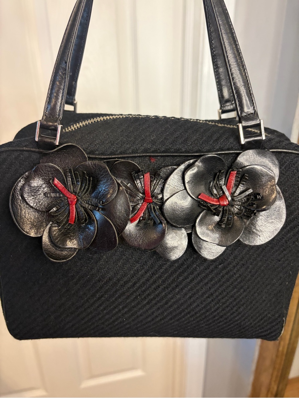 Kate Spade New York Black Wool Floral Appliqué Satchel Bag